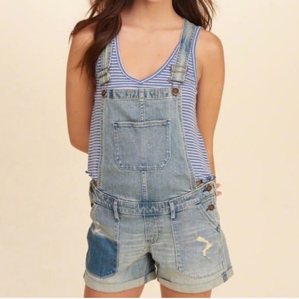 Hollister Ripped Cuffed Denim Overall Shorts